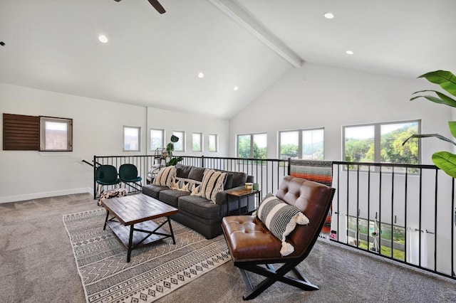 living room with beamed ceiling, high vaulted ceiling, carpet, baseboards, and recessed lighting