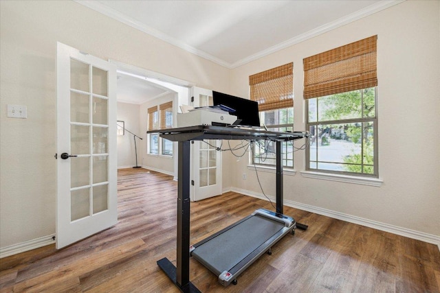 12907 Gordons Hvn, San Antonio, TX 78253 - workout area with french doors, ornamental molding, plenty of natural light, and wood finished floors