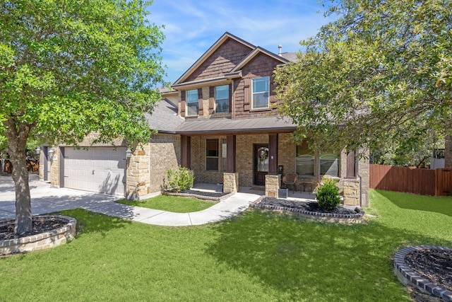 12907 Gordons Hvn, San Antonio, TX 78253 - craftsman house featuring covered porch, a garage, driveway, a standing seam roof, and stone siding