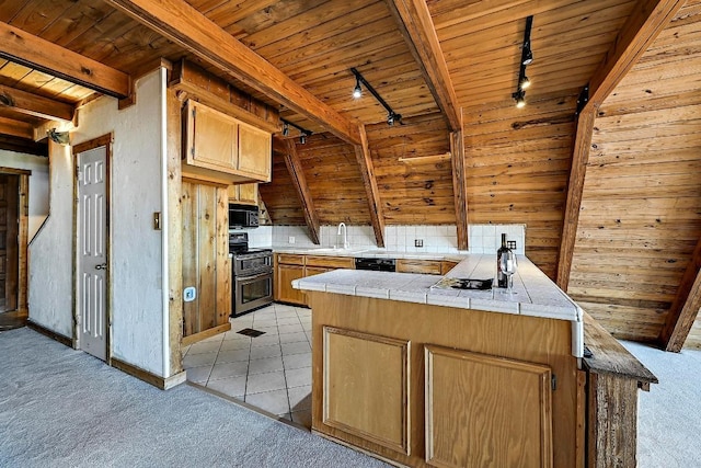 kitchen featuring light carpet, tile counters, black appliances, and wood ceiling