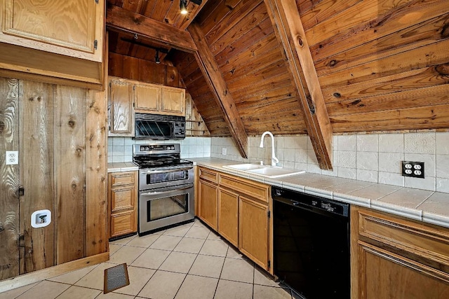 kitchen with black appliances, wood ceiling, a sink, decorative backsplash, and tile counters