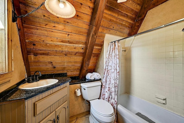 20802 Dawn Dr, Lago Vista, TX 78645 - full bath featuring vanity, shower / bathtub combination with curtain, and wooden ceiling