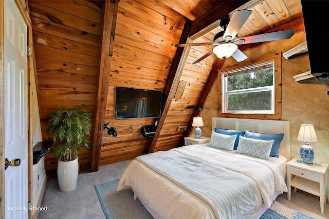 20802 Dawn Dr, Lago Vista, TX 78645 - carpeted bedroom with wooden walls and wood ceiling