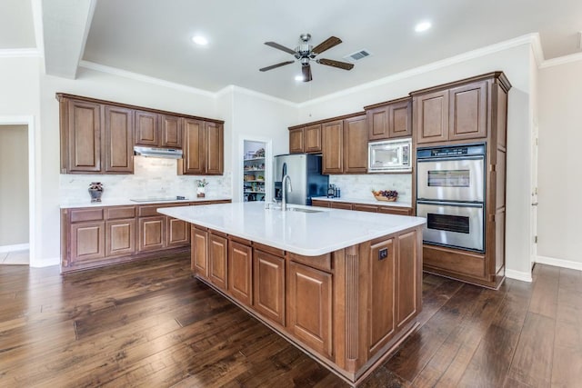 402 Palos Verdes Dr, Lakeway, TX 78734 - kitchen with appliances with stainless steel finishes, a sink, ceiling fan, under cabinet range hood, and decorative backsplash