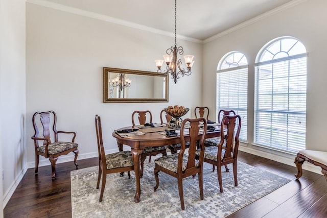 402 Palos Verdes Dr, Lakeway, TX 78734 - dining room with dark wood finished floors, a chandelier, ornamental molding, and baseboards