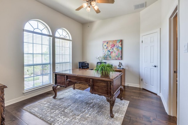 402 Palos Verdes Dr, Lakeway, TX 78734 - office area featuring a ceiling fan, plenty of natural light, and dark wood-style flooring