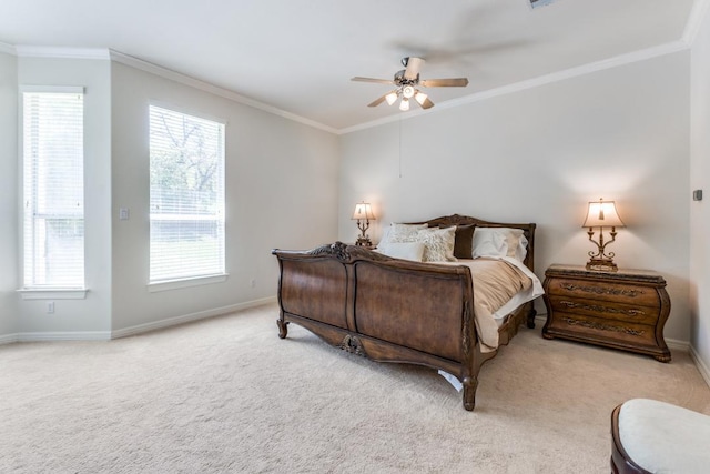 402 Palos Verdes Dr, Lakeway, TX 78734 - carpeted bedroom with ornamental molding, multiple windows, baseboards, and ceiling fan