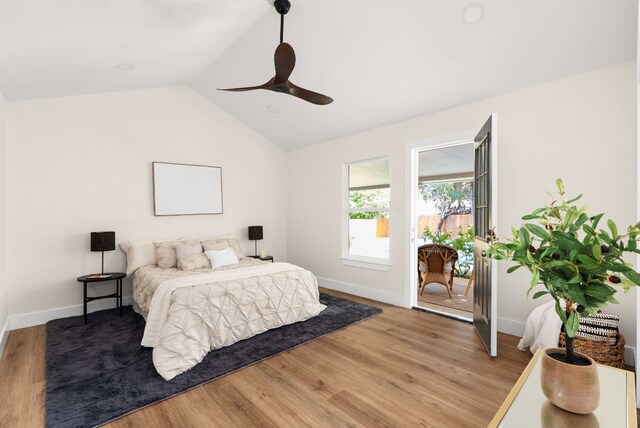 9005 Quail Creek Dr, Austin, TX 78758 - bedroom featuring access to outside, light wood finished floors, lofted ceiling, and a ceiling fan