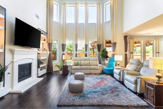 2348 Centennial Loop, Round Rock, TX 78665 - living room with a towering ceiling, dark wood finished floors, and a glass covered fireplace