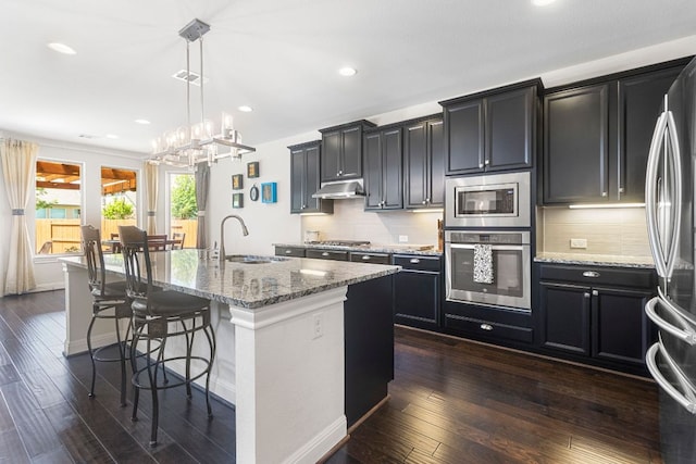 2348 Centennial Loop, Round Rock, TX 78665 - kitchen with stainless steel appliances, a sink, under cabinet range hood, stone countertops, and a kitchen breakfast bar