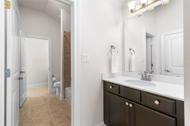 2348 Centennial Loop, Round Rock, TX 78665 - full bath featuring vanity, toilet, shower / bath combo, tile patterned floors, and lofted ceiling
