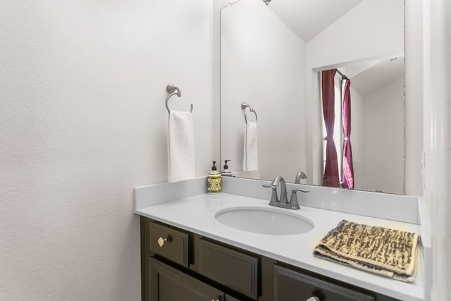 2348 Centennial Loop, Round Rock, TX 78665 - bathroom featuring vanity, vaulted ceiling, and a textured wall