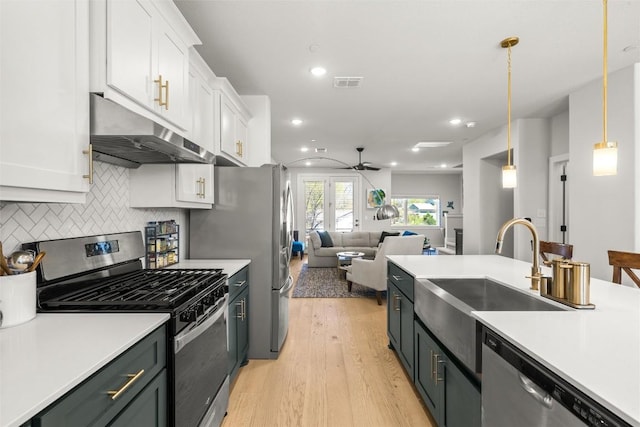 200 W 56th St Unit 4102, Austin, TX 78751 - kitchen featuring appliances with stainless steel finishes, under cabinet range hood, white cabinets, light wood-type flooring, and light countertops