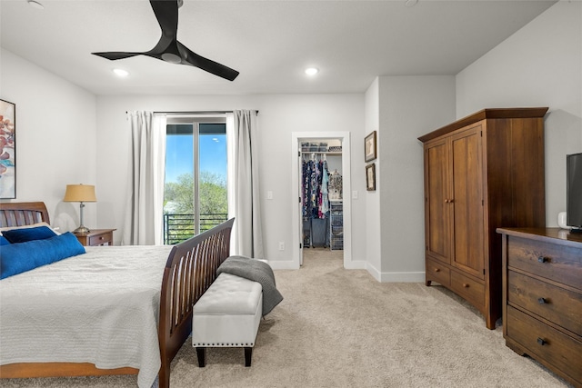 200 W 56th St Unit 4102, Austin, TX 78751 - bedroom with light carpet, access to outside, ceiling fan, a walk in closet, and recessed lighting