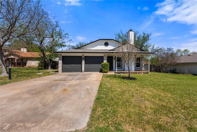 2702 Irish Bend Dr, Austin, TX 78745 - ranch-style home with a porch, a front lawn, an attached garage, a chimney, and concrete driveway