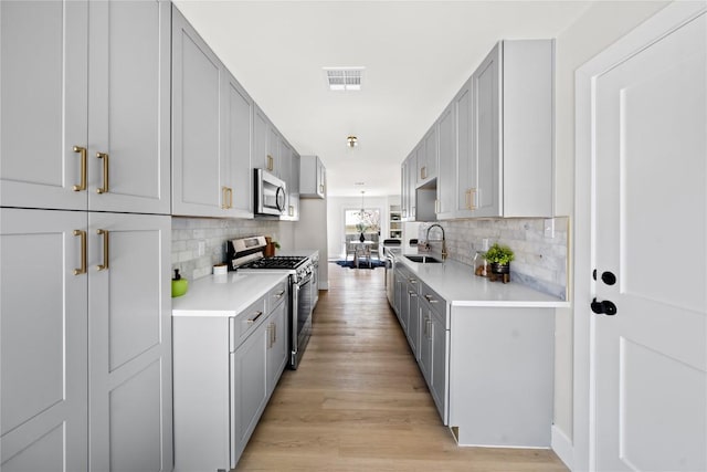 2702 Irish Bend Dr, Austin, TX 78745 - kitchen featuring visible vents, a sink, light countertops, appliances with stainless steel finishes, and gray cabinets