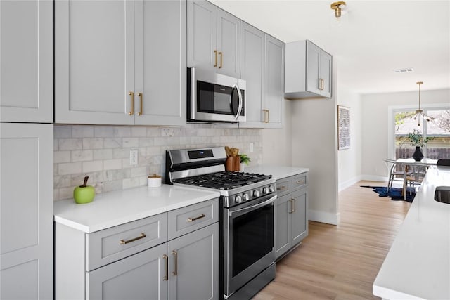 2702 Irish Bend Dr, Austin, TX 78745 - kitchen with tasteful backsplash, gray cabinets, light countertops, and appliances with stainless steel finishes