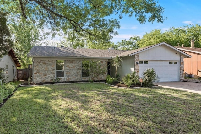 6107 Amber Pass, Austin, TX 78745 - ranch-style home with stone siding, a garage, concrete driveway, and roof with shingles
