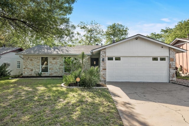 6107 Amber Pass, Austin, TX 78745 - ranch-style house with stone siding, an attached garage, driveway, a front yard, and a shingled roof