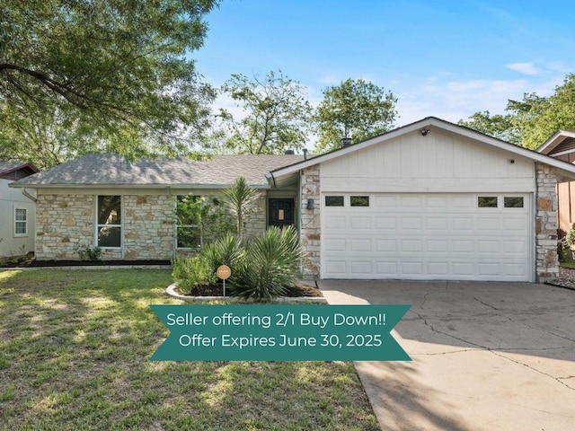 6107 Amber Pass, Austin, TX 78745 - view of front of house featuring stone siding, an attached garage, driveway, a front lawn, and a shingled roof