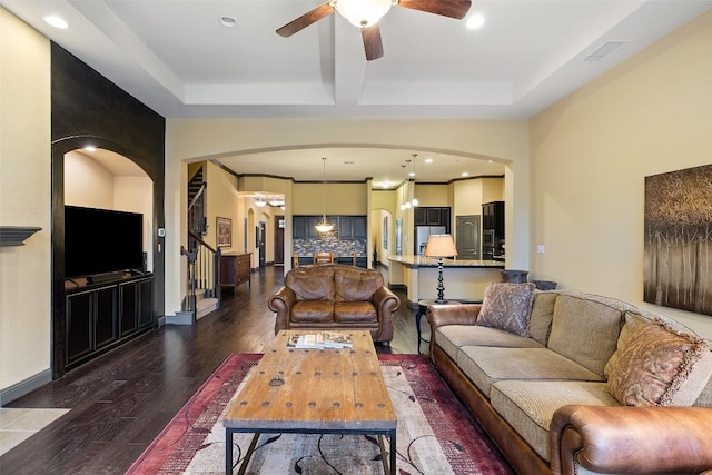 5612 Cherokee Draw Rd, Austin, TX 78738 - living room featuring arched walkways, ceiling fan, dark wood-type flooring, recessed lighting, and beam ceiling