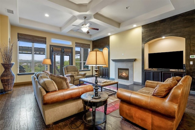 5612 Cherokee Draw Rd, Austin, TX 78738 - living area featuring coffered ceiling, hardwood / wood-style floors, a ceiling fan, a tile fireplace, and recessed lighting