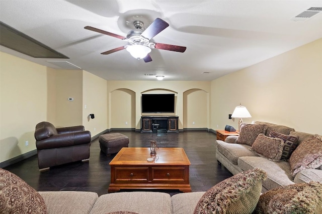 5612 Cherokee Draw Rd, Austin, TX 78738 - living area featuring arched walkways, wood finished floors, and ceiling fan