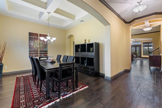 5612 Cherokee Draw Rd, Austin, TX 78738 - dining area with arched walkways, coffered ceiling, dark wood finished floors, a chandelier, and beam ceiling