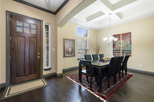 5612 Cherokee Draw Rd, Austin, TX 78738 - dining room with arched walkways, a chandelier, dark wood-style flooring, coffered ceiling, and beamed ceiling