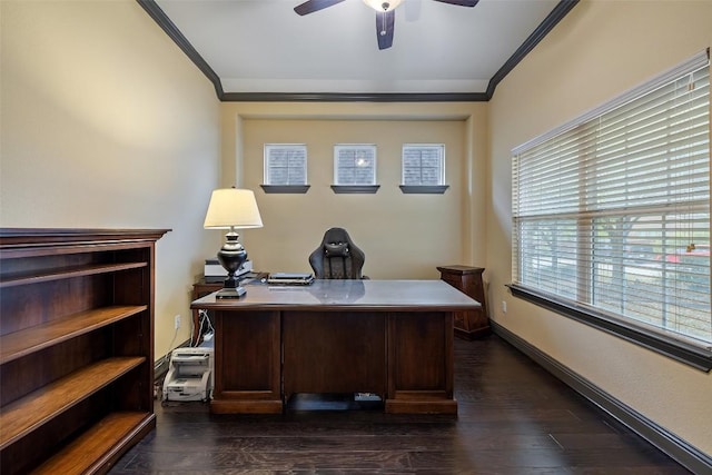 5612 Cherokee Draw Rd, Austin, TX 78738 - office space with ornamental molding, a ceiling fan, and dark wood finished floors