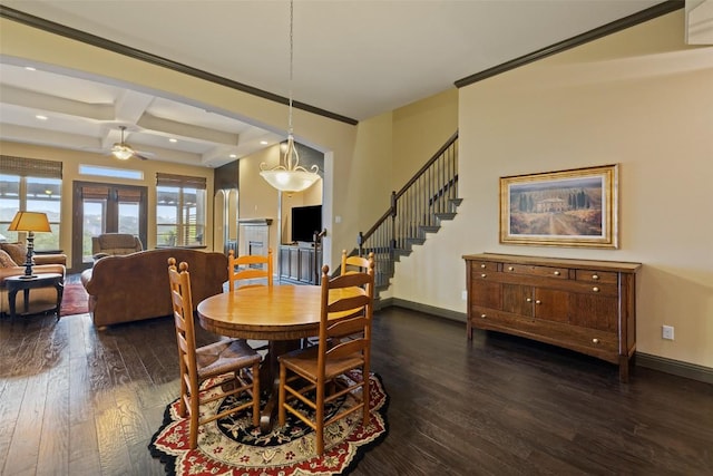 5612 Cherokee Draw Rd, Austin, TX 78738 - dining room with ceiling fan, dark wood finished floors, stairway, beamed ceiling, and recessed lighting