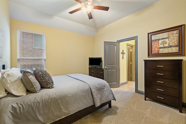5612 Cherokee Draw Rd, Austin, TX 78738 - bedroom featuring light colored carpet, lofted ceiling, and ceiling fan
