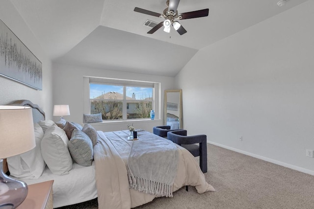 bedroom featuring ceiling fan, visible vents, vaulted ceiling, carpet floors, and baseboards