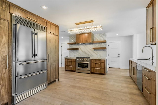 6304 Lost Horizon Dr, Austin, TX 78759 - kitchen with high quality appliances, open shelves, a sink, brown cabinets, and light countertops