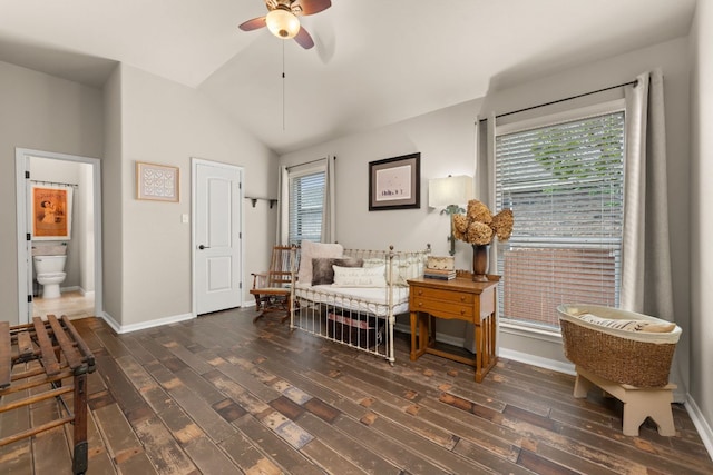 215 Choke Canyon Ln, Georgetown, TX 78628 - living area featuring hardwood / wood-style floors, ceiling fan, healthy amount of natural light, and vaulted ceiling