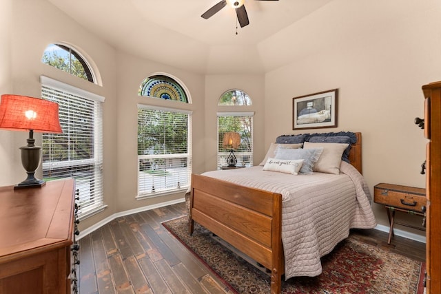 215 Choke Canyon Ln, Georgetown, TX 78628 - bedroom featuring dark wood finished floors, a high ceiling, and a ceiling fan