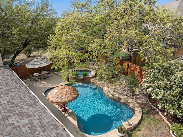 215 Choke Canyon Ln, Georgetown, TX 78628 - view of pool featuring a patio, a fenced backyard, an in-ground hot tub, and outdoor dining space