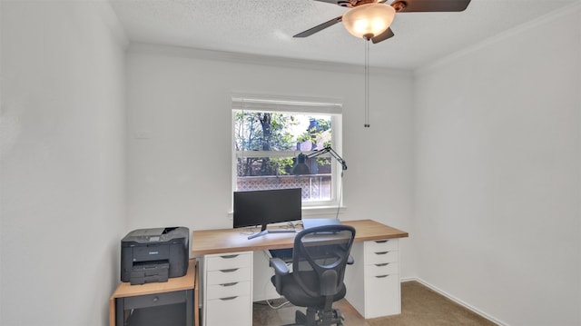 812 Saunders Dr, Round Rock, TX 78664 - office area featuring a ceiling fan, light colored carpet, and crown molding