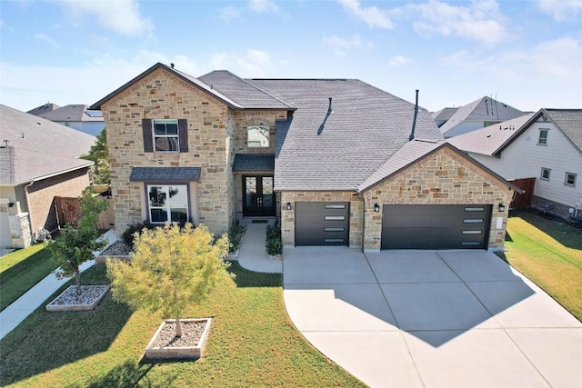 view of front of property with a front yard, an attached garage, stone siding, and concrete driveway