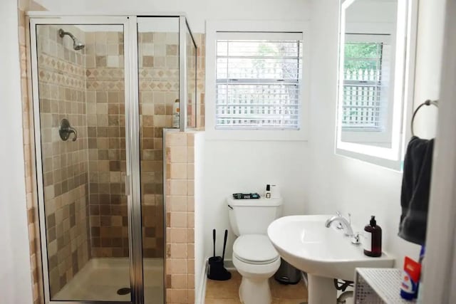 full bath featuring toilet, a sink, and a stall shower