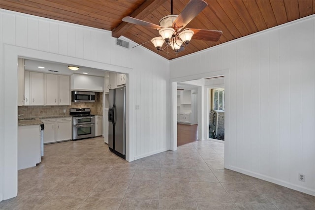 1905 Robinhood Trl, Austin, TX 78703 - kitchen with stainless steel appliances, wooden ceiling, ceiling fan, tasteful backsplash, and white cabinets