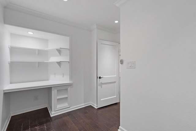 1905 Robinhood Trl, Austin, TX 78703 - hall with dark wood-style floors, crown molding, and recessed lighting