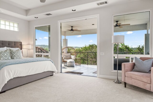 carpeted bedroom with recessed lighting, ceiling fan, visible vents, and access to exterior