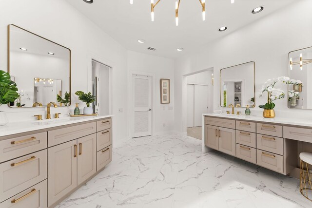 full bath with a sink, marble finish floor, recessed lighting, two vanities, and visible vents