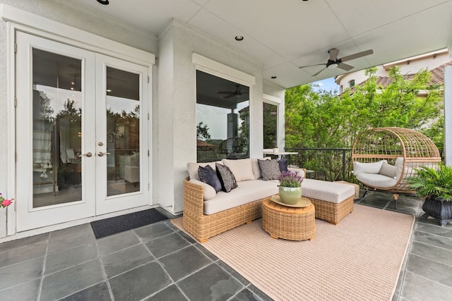 view of patio with a ceiling fan, french doors, and an outdoor hangout area