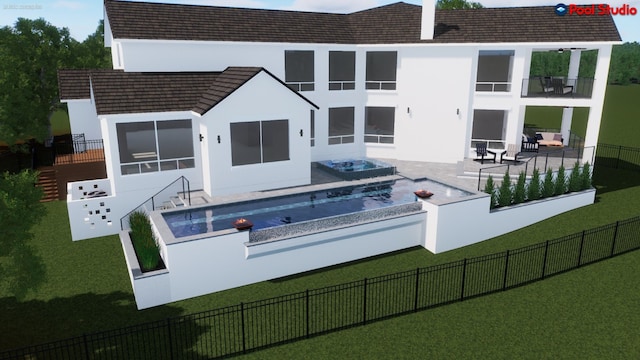 rear view of house with a fenced in pool, stucco siding, a yard, and a patio area