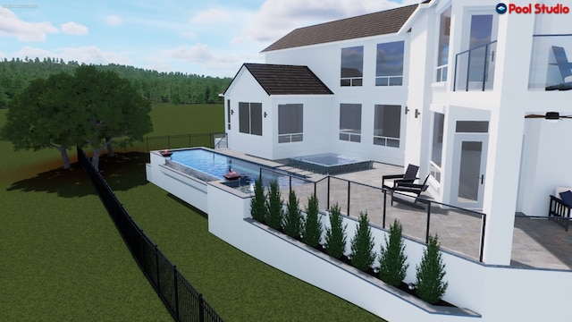 view of swimming pool with fence, a fenced in pool, a patio, and a lawn