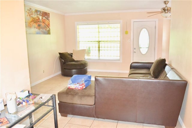 5202 Beechmoor Dr, Austin, TX 78723 - living area featuring crown molding, a ceiling fan, and tile patterned floors