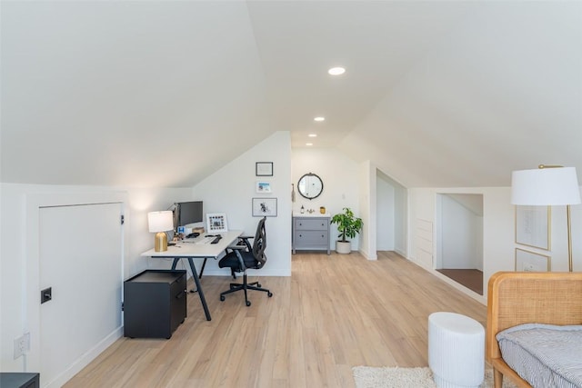 290 County Road 207, Liberty Hill, TX 78642 - office with light wood-type flooring, vaulted ceiling, baseboards, and recessed lighting