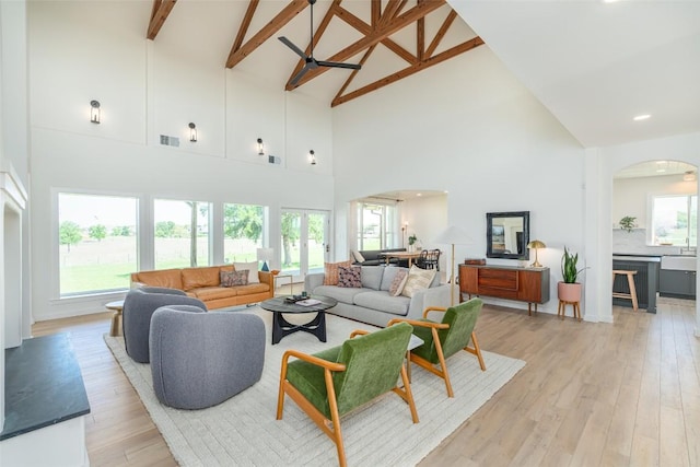 290 County Road 207, Liberty Hill, TX 78642 - living area featuring high vaulted ceiling, arched walkways, light wood finished floors, and beamed ceiling